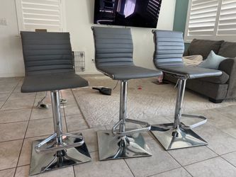 Set of 3 Modern Adjustable Gray Bar Stools – Chrome Base – Great Condition