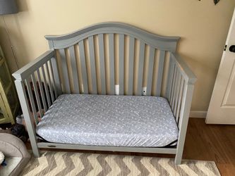 Greco crib - pebble grey with like new organic mattress.
