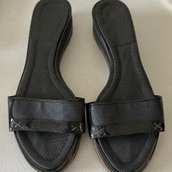 Chanel black canvas leather sandals mules slides slip on in flats