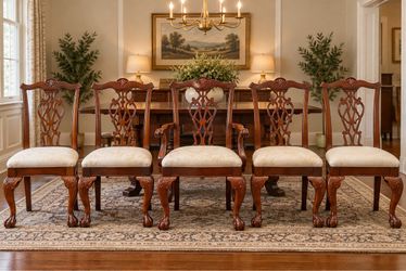 Elegant Lexington Chippendale Dining Chairs – Set of 5 – Carved Wood & Upholstered!