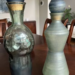 2 Blue Glass Vases w/ Stoppers. Super Heavy. Appx 21 & 18.5”