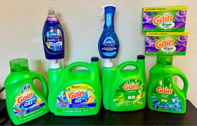 $60 Gain laundry bundle- Temecula  (1) 134 loads (1) 100 loads (2) 61 loads Dryer sheets  Dawn dish soap and power wash  Temecula. Cash only. Door pic