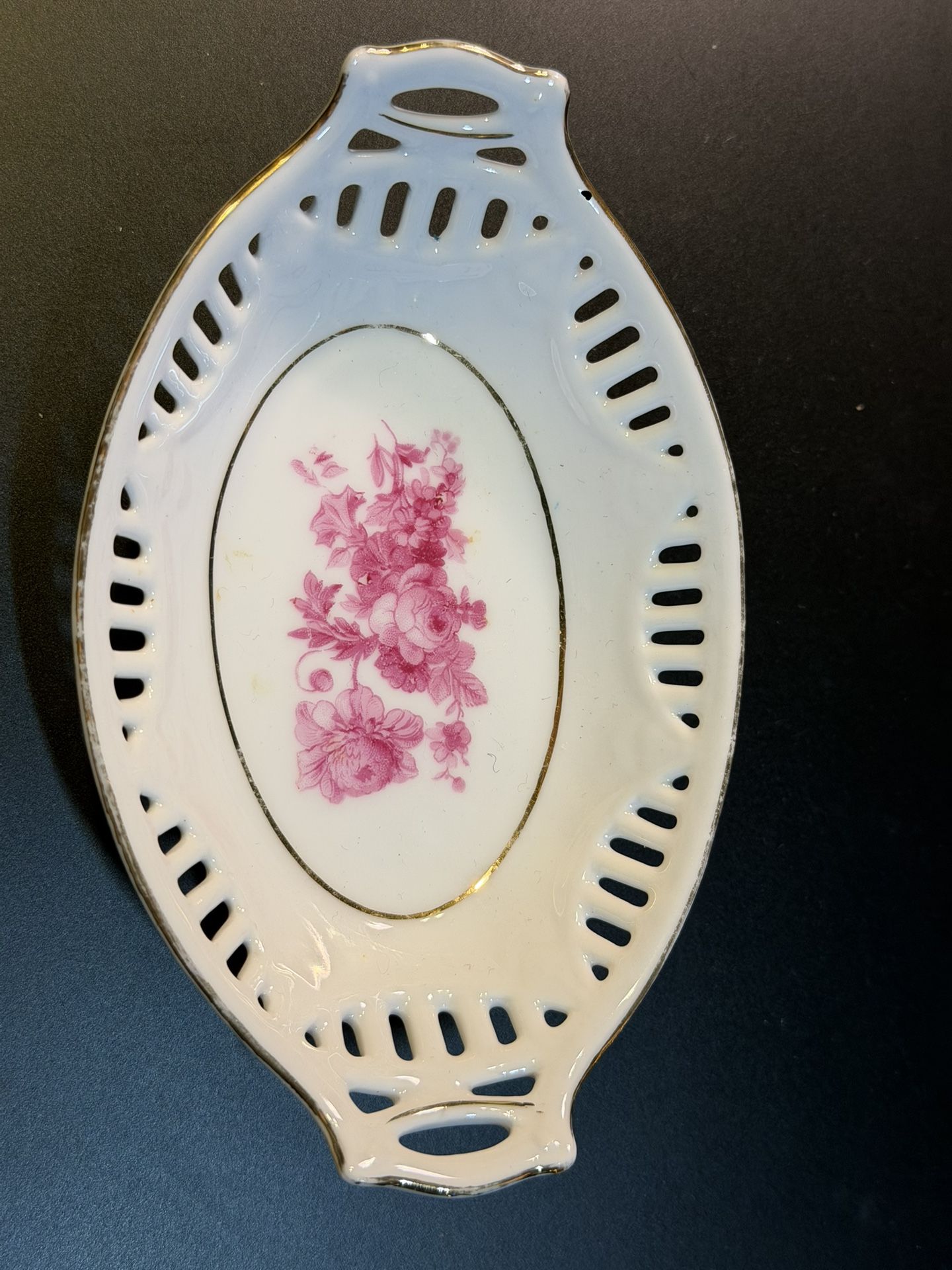 Antique Hand-Painted Floral Dish: German Porcelain with Gold Trim