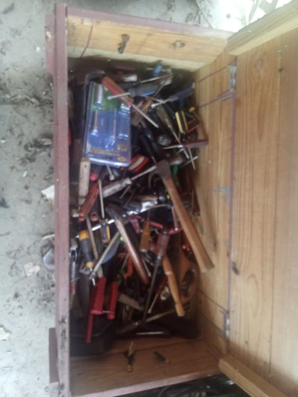 Wooden Tool Box On Rollers With Butt Load Of Tools