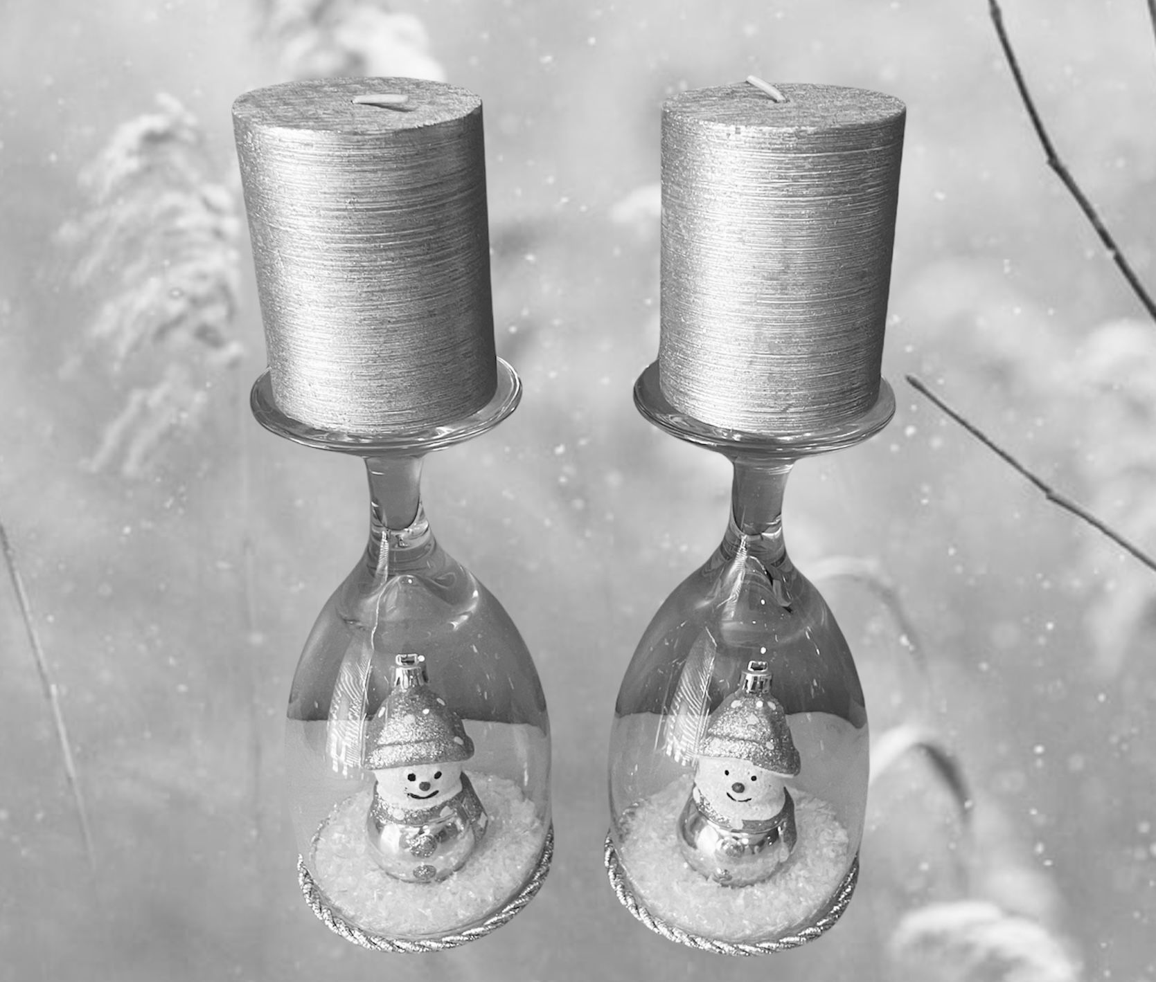 Silver Snowman Wine Glass Candle Holders w/Silver Tied Candles