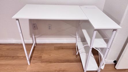 Modern L-Shaped Desk with Built-In Power Outlets + Black Office Chair