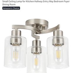 Semi Flush Mount Ceiling Light Fixture, 3-Light Brushed Nickel Light Fixture with Clear Glass Shade, Modern Chandelier Small Ceiling Lamp for Kitchen 