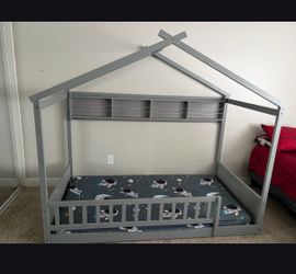 Twin Floor Bed with Storage Shelf, Wooden Bed Frames with Headboard & Guardrail, Montessori Floor Bed with Wooden Slat Support for Kids