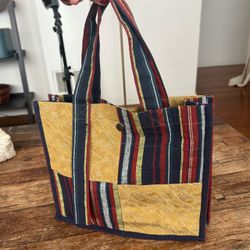 Handmade Japanese Kimono Fabric Tote Bag Patchwork Striped Gold Navy Red 9x11x3