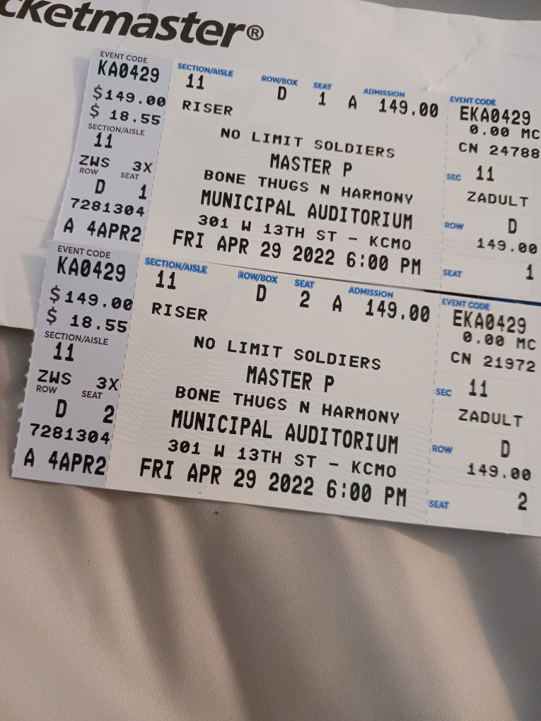 No Limit/ Bone Thugs N Harmony (2)concert Tickets For Sale 