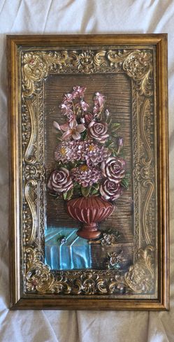 Vintage Style 3D Raised Floral Wall Art Decor Ornate Flowers Gold Frame 14.5" x 25"