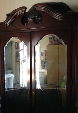 Brown Antique wood and glass wardrobe