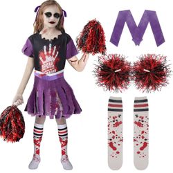 Girl Zombie Cheerleader Costume, Fearleader Scary Halloween Costumes for Kids, Dead Cheerleader Outfit for Role Play（10-12 years）
