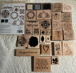 Vintage Stampin Up Wood Mounted Rubber Stamps Lot & Ink Pads