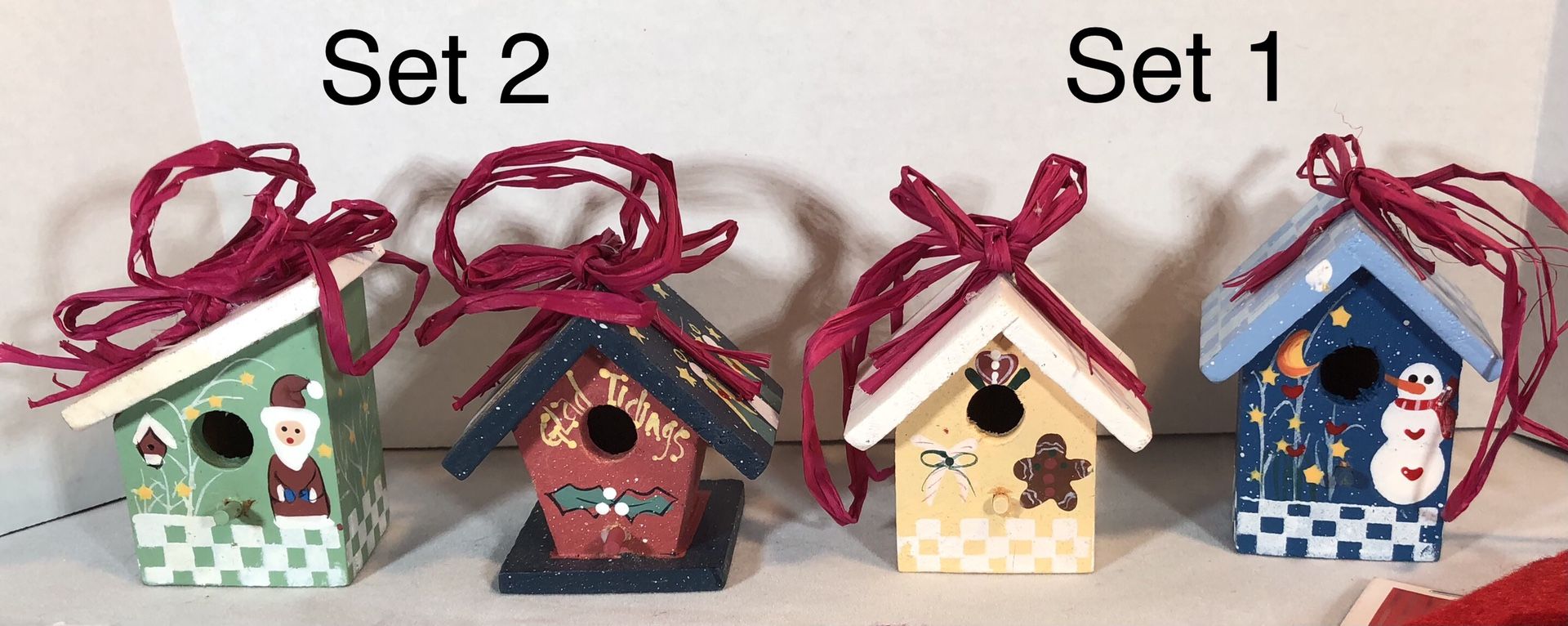 Set of 2 Miniature Wooden Bird House Ornaments for $9.00, or get both sets (all 4) for only $12.00! Excellent Craftsmanship! Christmas Themed, Great