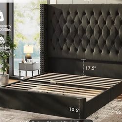 61.4 Inch Tall Velvet Bed Frame with Tufted Wingback Headboard, Solid Wood Legs