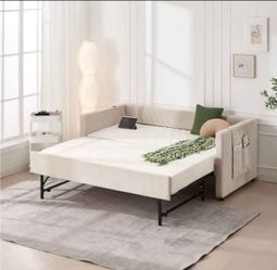Noble House Aaliyah Modern Beige Twin Size Velvet Upholstered Daybed with Trundle, USB Port, Storage Side Pockets