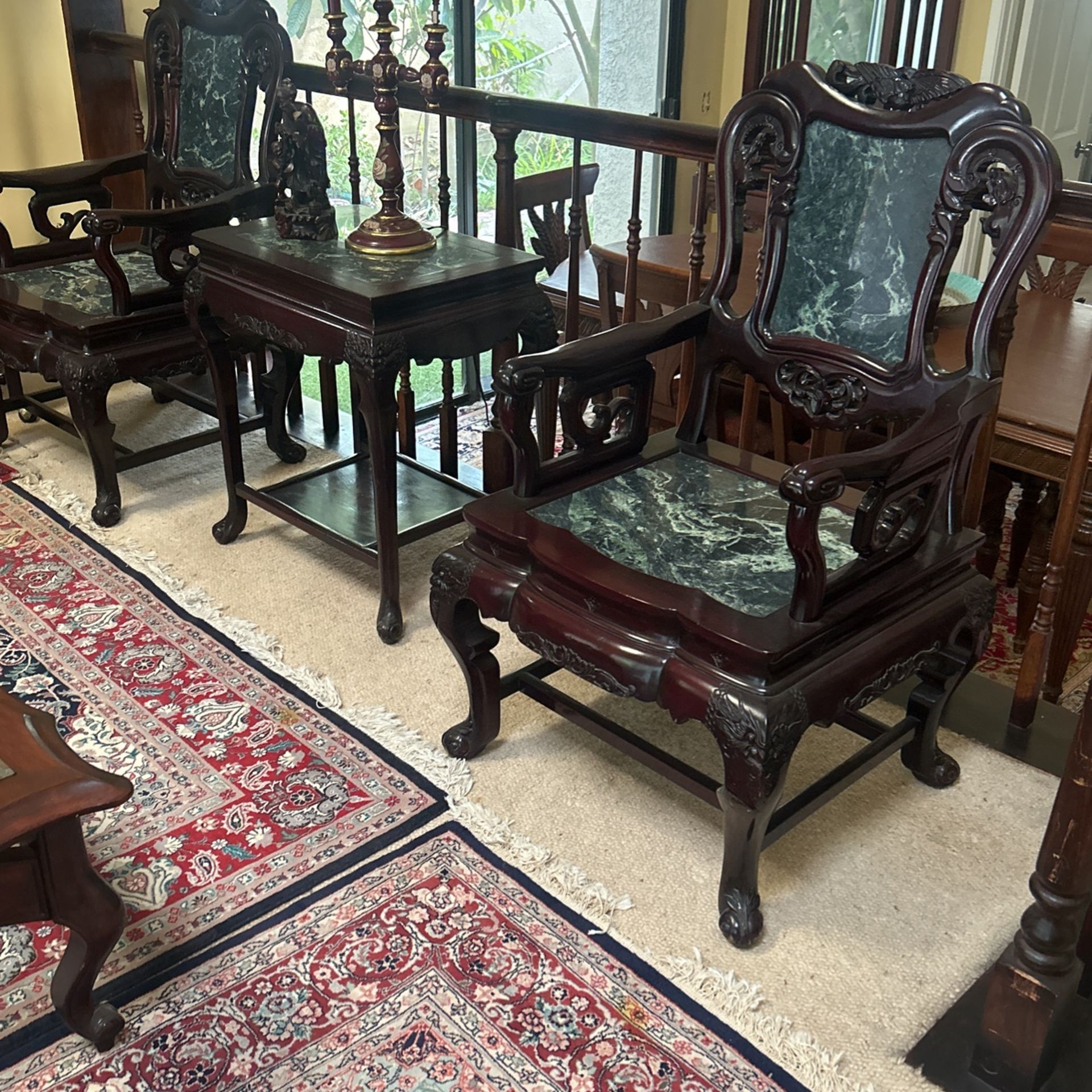 Replica Antique Chinese Peranakan Dragons Rosewood Arm Chairs And Table  With Marble Insert
