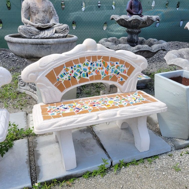Concrete Bench With Back Cement Mosaic Backyard Patio