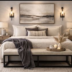 Modern Industrial Beige Faux Leather Tufted Bench