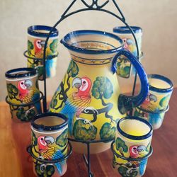 Vintage Mexican blown hand painted glass pitcher & glass set