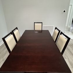 Dining Table Set – Dark Wood with 6 Cream Chairs (Extendable)