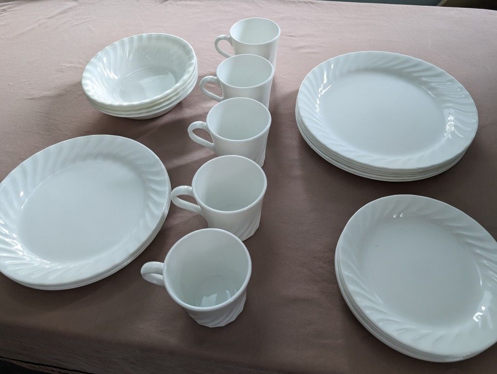 25 Pieces Vintage Corelle Enhancements White Swirl Dinnerware