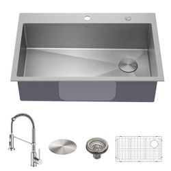 Brand New in Box Kraus Loften All-in-One 33 in Drop In Single Bowl 18-Gauge Stainless Steel Kitchen Sink w/ Bolden Pull Down Faucet in Chrome