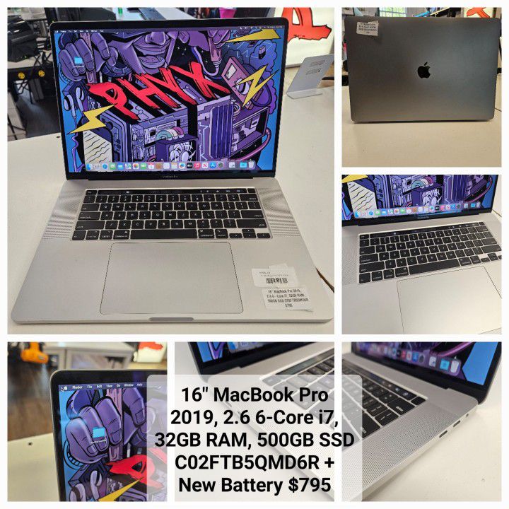 16" MacBook Pro 2019, 2.6 6-Core i7, 32GB RAM, 500GB SSD C02FTB5QMD6R + New Battery $795