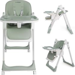3-in-1 Foldable High Chair for Babies & Toddlers – Adjustable Height, Reclining Seat, 5-Point Safety Harness, Removable Tray, Lockable Wheels, Washabl