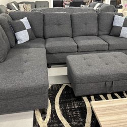 Charcoal Gray Linen Sectional Couch And Ottoman