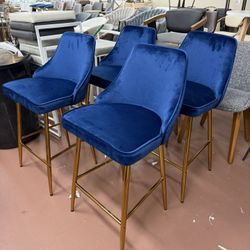 Glam Velvet Gold Metal Counter Stools (Set of 4) - Navy Blue Velvet