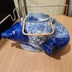 Vintage Keramiek Hand Geschilderd Koi Karper Fish Theepot Made In China