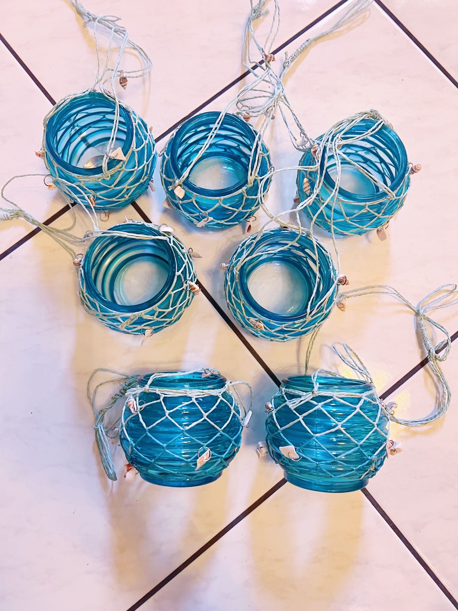 Ocean Blue Seashell Hanging Tea Light Set