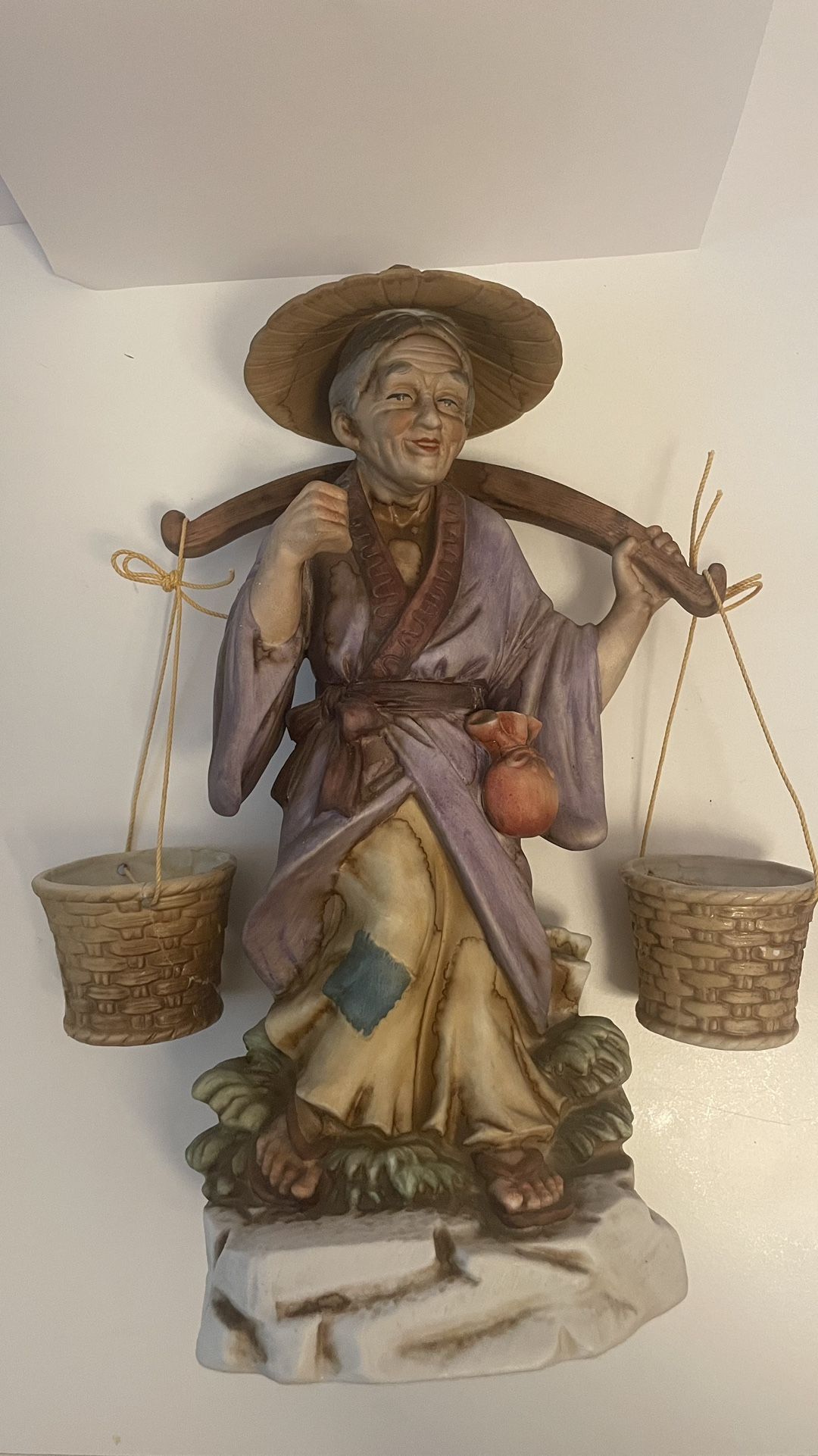 Japanese Asian Elderly Woman Carrying Water Buckets Ceramic Figurine 12" EUC