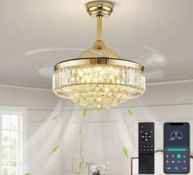 Retractable Smart Ceiling Fan 42/20 in. Crystal Gold Antique, Remote App Wall, LED 3CCT 6 Speeds Dimmable Reverse