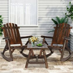 3-Piece Outdoor Wood Rocking Bistro Set, Rustic Adirondack Rocker Chair Set with High Back & Slatted Seat and Side Table, Patio Wooden Conversation Se