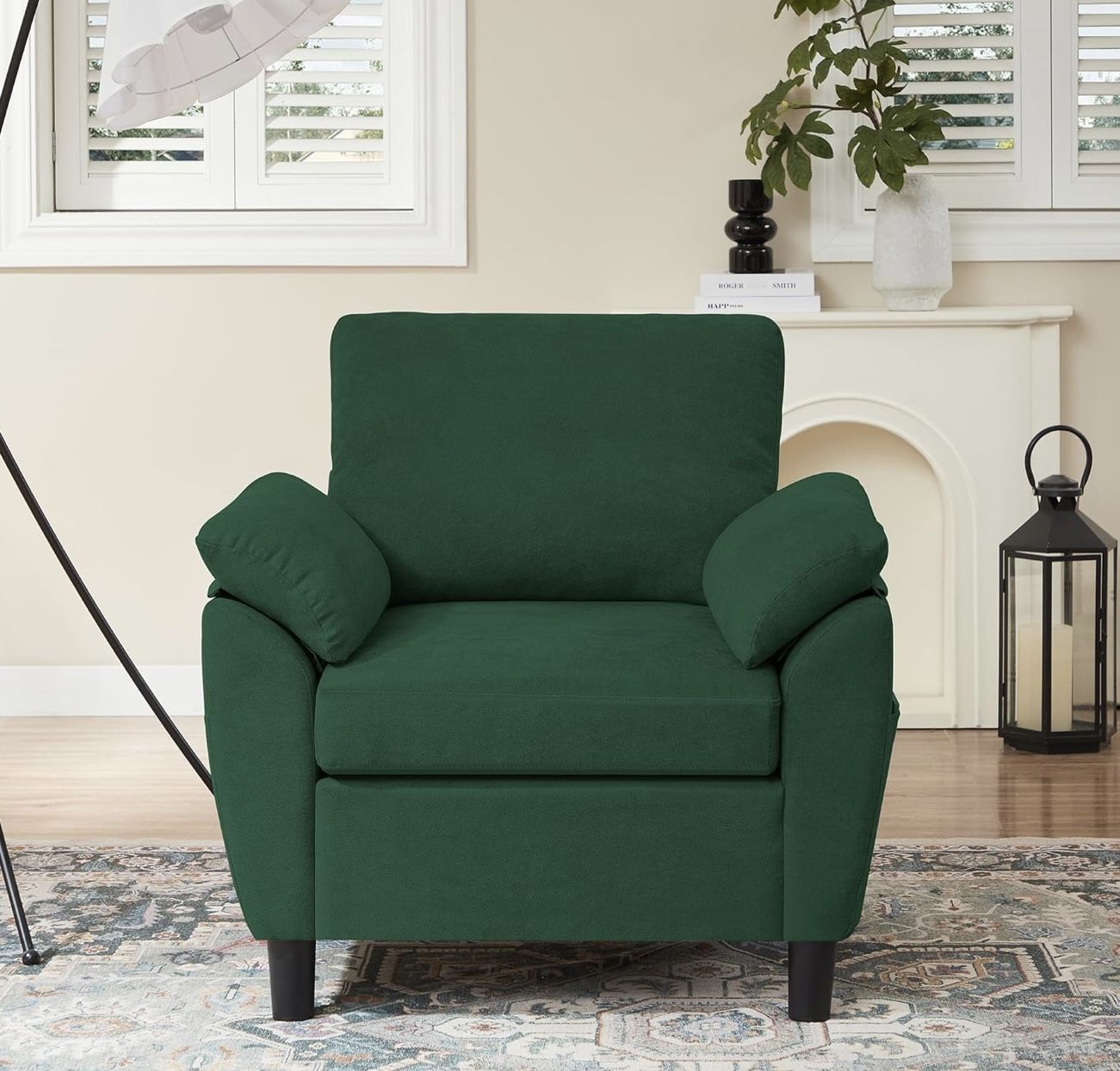Mid-Century Accent Chair,34.6" Armchair Modern Linen Fabric Comfy Upholstered Single Sofa Chair with Side Pocket for Living Room Bedroom, Green