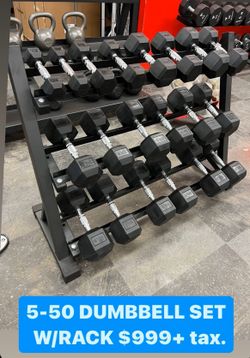 🔥NEW 5-50 Rubber Hex Dumbbell Set W/ Rack