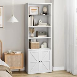 Farmhouse Bookcase with Doors 11.8in Depth Display Storage Shelves 71.4in Tall Industrial Bookshelf Wooden 6 Shelf Bookshelves for Bedroom, Living Roo