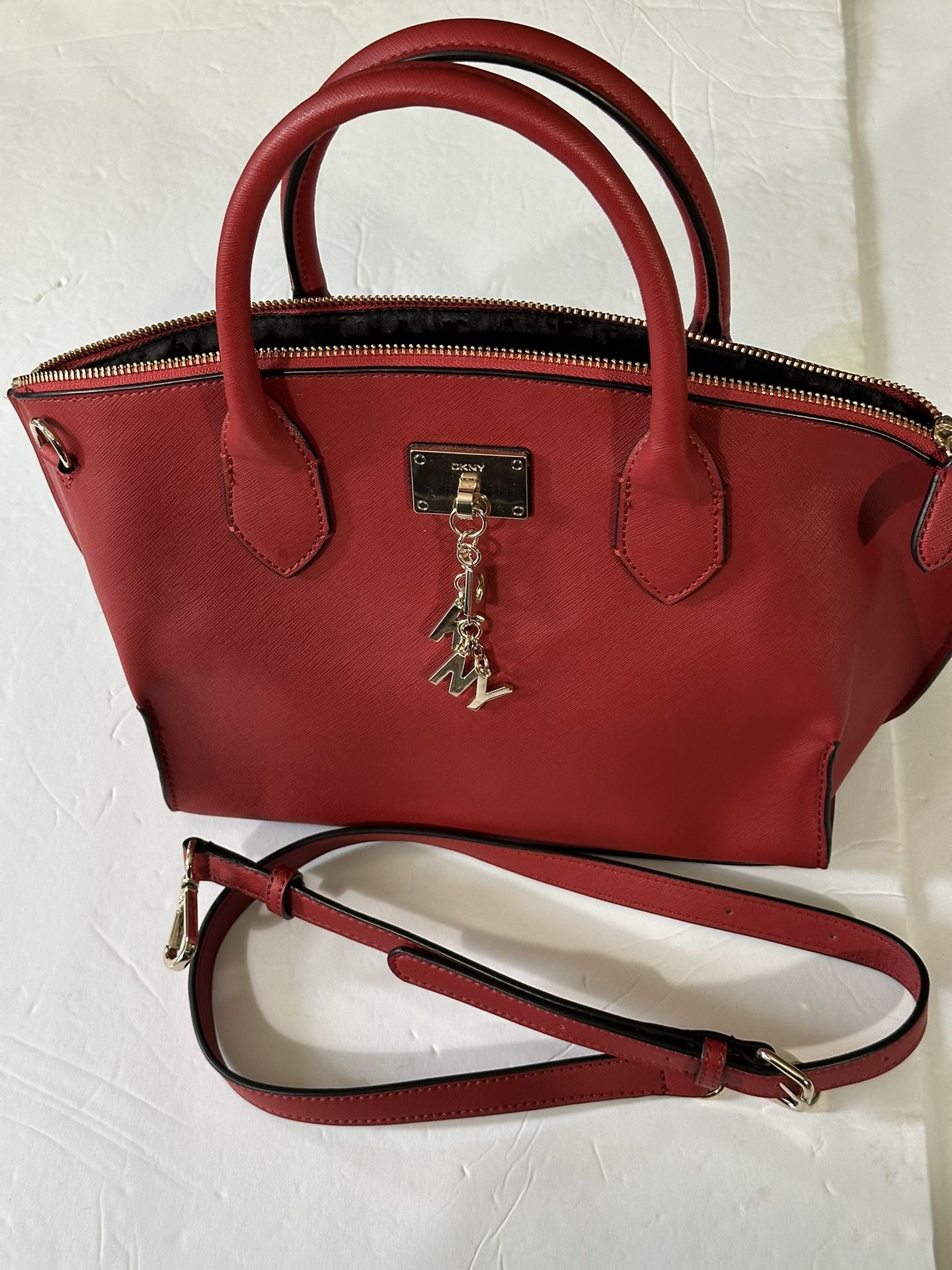 New DKNY Burgundy Cleo Vegan Leather Satchel/Shoulder/Crossbody 9X13X5 Logo Letters Dangling Pockets