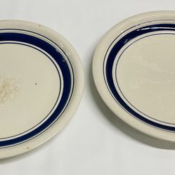 3 Tienshan Country Crock Stoneware Dinner Plates Green Blue Band 10 5/8”