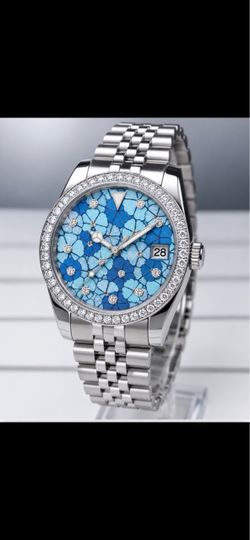 Silver Watch with Floral Blue Dial and Diamond Bezel