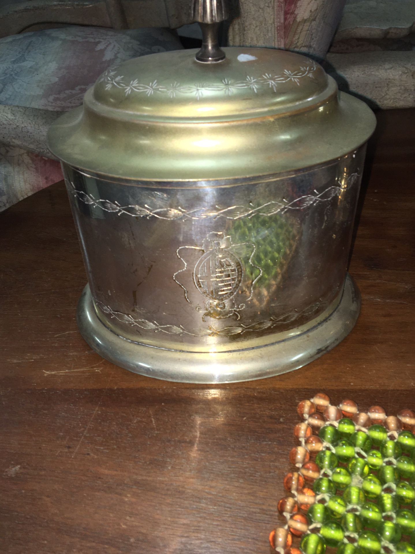 Etched silver plate covered jar