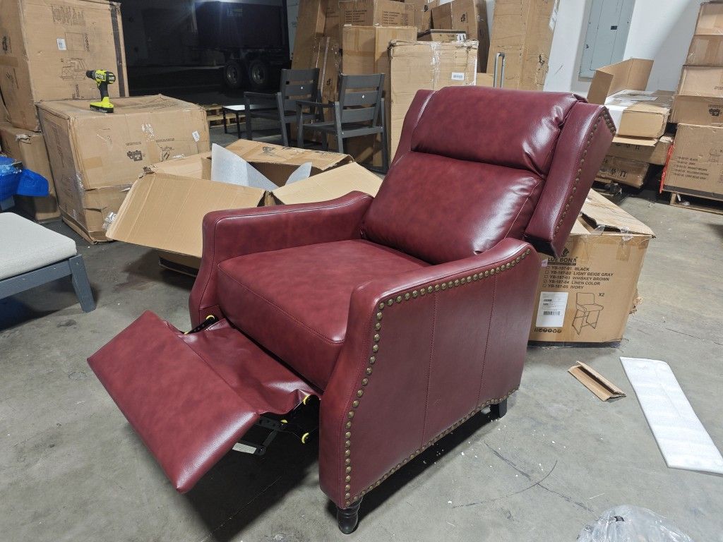  Genuine Leather Nailhead Trim Recliner Arm Chair with Cushioned Back and Wooden Legs 