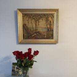 Vintage Oil Painting Coastal Terrace Sea Sunset – Erna Scharff – 16x20 Framed