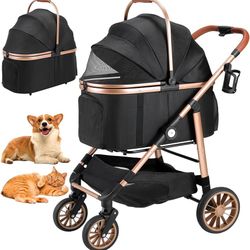Pet Stroller for Medium Dogs Cats Up to 55 lbs, All-Terrain 3-in-1 Dog Stroller with Detachable Carrier, Rubber Wheels, One-Click Folding, Storage Bas