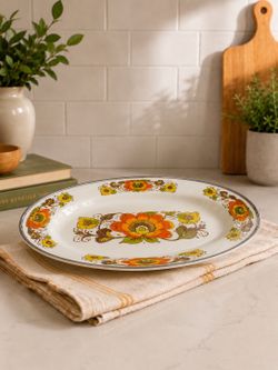 Charming Vintage 1970s Retro Floral Oval Serving Platter