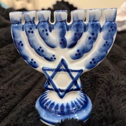 Blue and White Ceramic Hanukkah Menorah