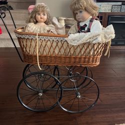 2 Porcelain Dolls W Antique  Stroller 